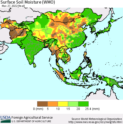 Asia Surface Soil Moisture (WMO) Thematic Map For 3/21/2022 - 3/27/2022