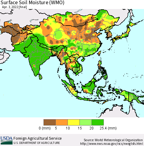 Asia Surface Soil Moisture (WMO) Thematic Map For 3/28/2022 - 4/3/2022