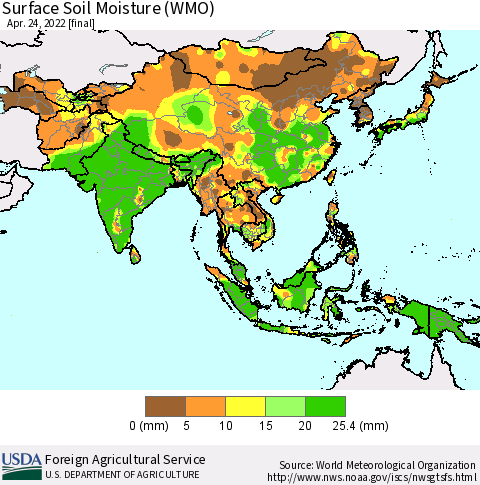 Asia Surface Soil Moisture (WMO) Thematic Map For 4/18/2022 - 4/24/2022