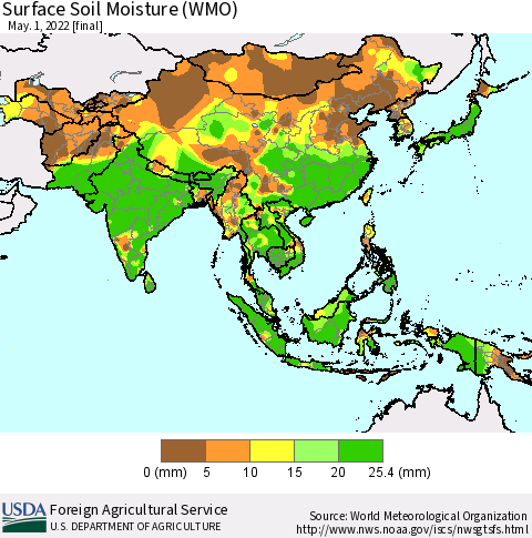Asia Surface Soil Moisture (WMO) Thematic Map For 4/25/2022 - 5/1/2022