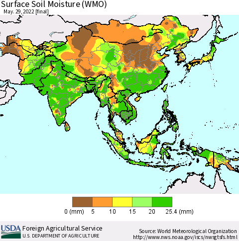 Asia Surface Soil Moisture (WMO) Thematic Map For 5/23/2022 - 5/29/2022