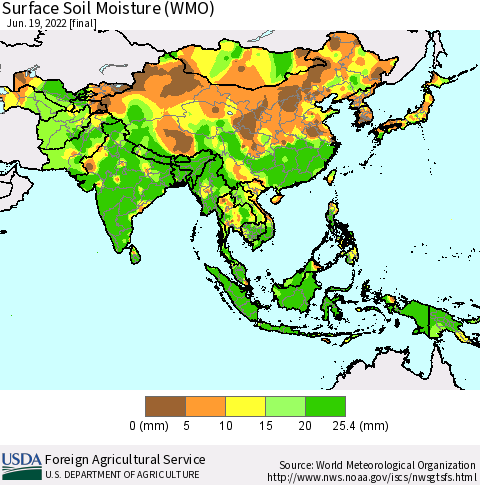 Asia Surface Soil Moisture (WMO) Thematic Map For 6/13/2022 - 6/19/2022