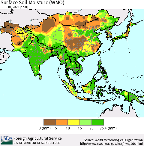 Asia Surface Soil Moisture (WMO) Thematic Map For 7/4/2022 - 7/10/2022