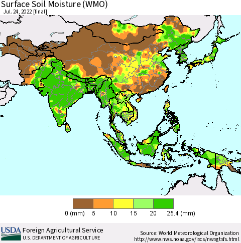 Asia Surface Soil Moisture (WMO) Thematic Map For 7/18/2022 - 7/24/2022