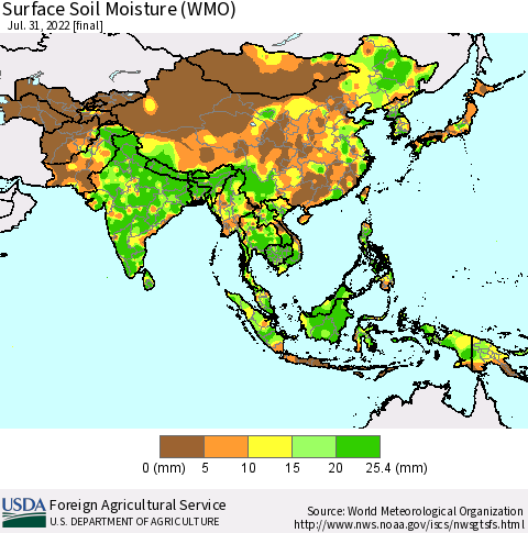 Asia Surface Soil Moisture (WMO) Thematic Map For 7/25/2022 - 7/31/2022