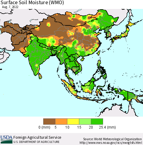 Asia Surface Soil Moisture (WMO) Thematic Map For 8/1/2022 - 8/7/2022