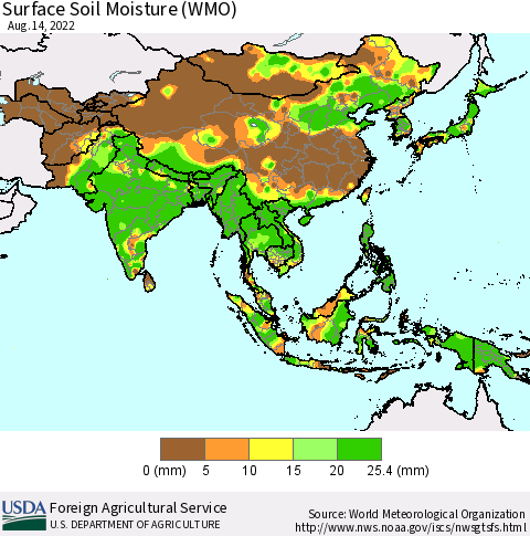 Asia Surface Soil Moisture (WMO) Thematic Map For 8/8/2022 - 8/14/2022
