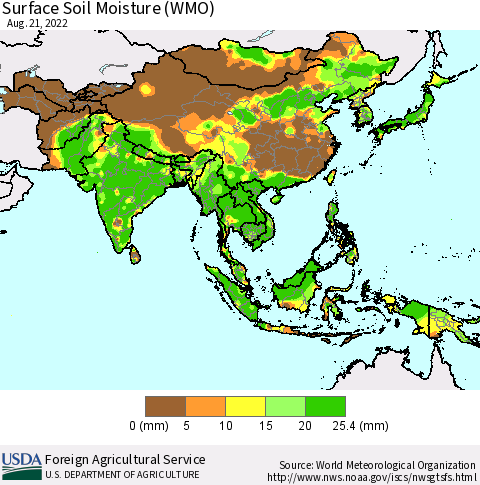 Asia Surface Soil Moisture (WMO) Thematic Map For 8/15/2022 - 8/21/2022