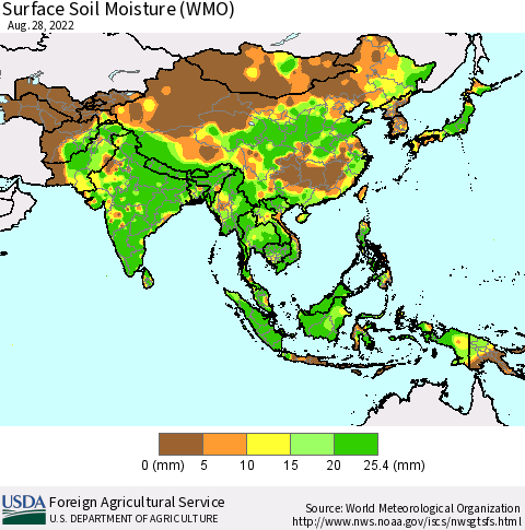 Asia Surface Soil Moisture (WMO) Thematic Map For 8/22/2022 - 8/28/2022