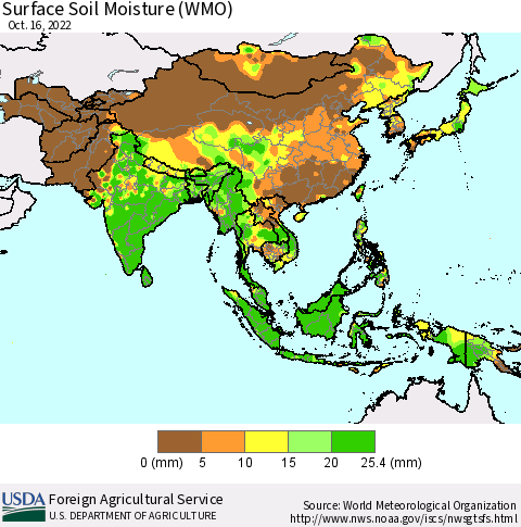 Asia Surface Soil Moisture (WMO) Thematic Map For 10/10/2022 - 10/16/2022