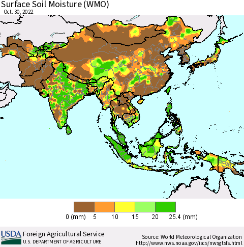 Asia Surface Soil Moisture (WMO) Thematic Map For 10/24/2022 - 10/30/2022