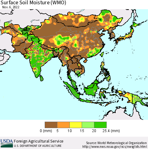Asia Surface Soil Moisture (WMO) Thematic Map For 10/31/2022 - 11/6/2022