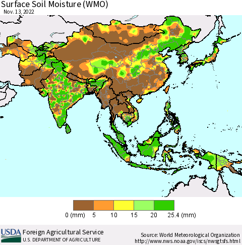 Asia Surface Soil Moisture (WMO) Thematic Map For 11/7/2022 - 11/13/2022