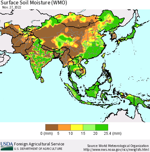 Asia Surface Soil Moisture (WMO) Thematic Map For 11/21/2022 - 11/27/2022