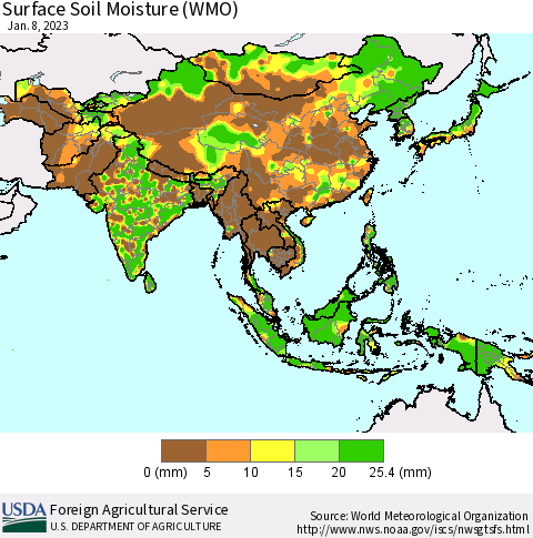 Asia Surface Soil Moisture (WMO) Thematic Map For 1/2/2023 - 1/8/2023