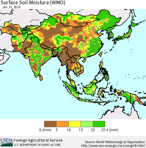 Asia Surface Soil Moisture (WMO) Thematic Map For 1/9/2023 - 1/15/2023