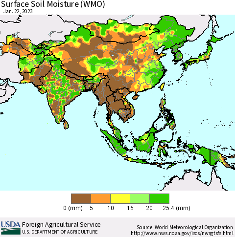 Asia Surface Soil Moisture (WMO) Thematic Map For 1/16/2023 - 1/22/2023