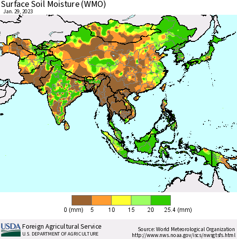 Asia Surface Soil Moisture (WMO) Thematic Map For 1/23/2023 - 1/29/2023