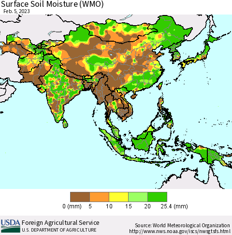 Asia Surface Soil Moisture (WMO) Thematic Map For 1/30/2023 - 2/5/2023