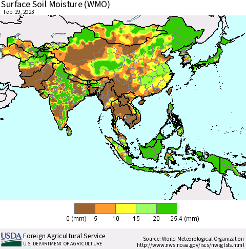 Asia Surface Soil Moisture (WMO) Thematic Map For 2/13/2023 - 2/19/2023