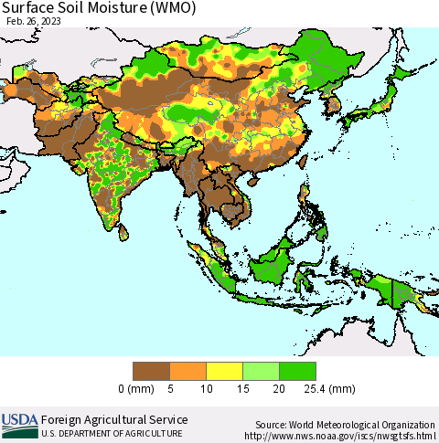 Asia Surface Soil Moisture (WMO) Thematic Map For 2/20/2023 - 2/26/2023
