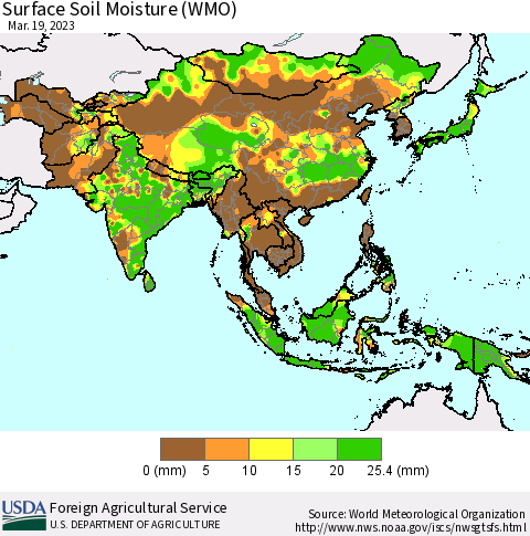 Asia Surface Soil Moisture (WMO) Thematic Map For 3/13/2023 - 3/19/2023