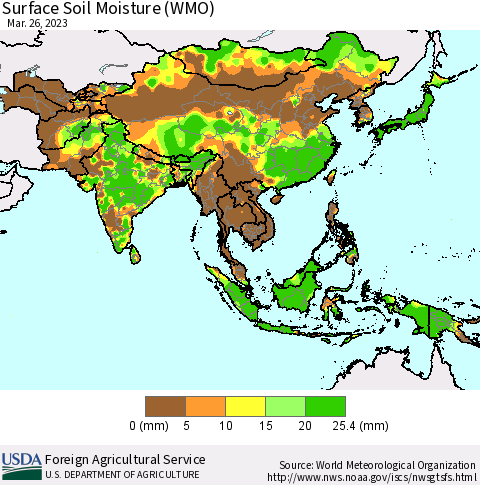 Asia Surface Soil Moisture (WMO) Thematic Map For 3/20/2023 - 3/26/2023