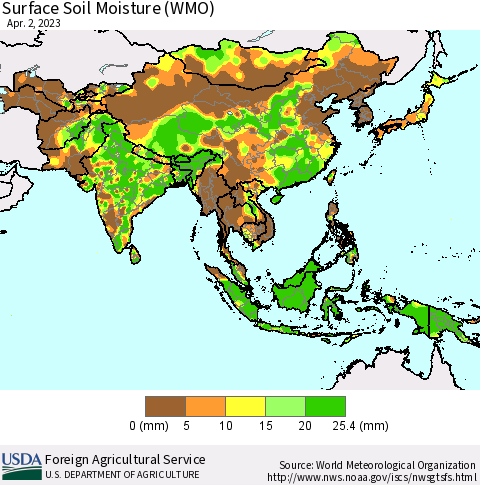 Asia Surface Soil Moisture (WMO) Thematic Map For 3/27/2023 - 4/2/2023