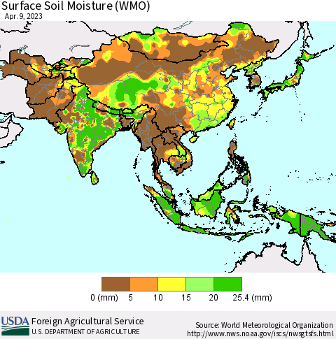 Asia Surface Soil Moisture (WMO) Thematic Map For 4/3/2023 - 4/9/2023