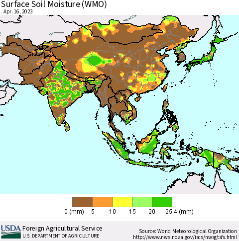 Asia Surface Soil Moisture (WMO) Thematic Map For 4/10/2023 - 4/16/2023