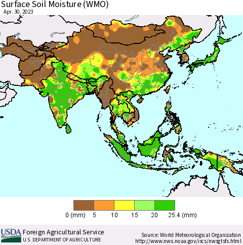 Asia Surface Soil Moisture (WMO) Thematic Map For 4/24/2023 - 4/30/2023