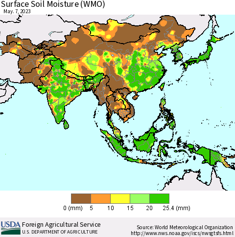 Asia Surface Soil Moisture (WMO) Thematic Map For 5/1/2023 - 5/7/2023