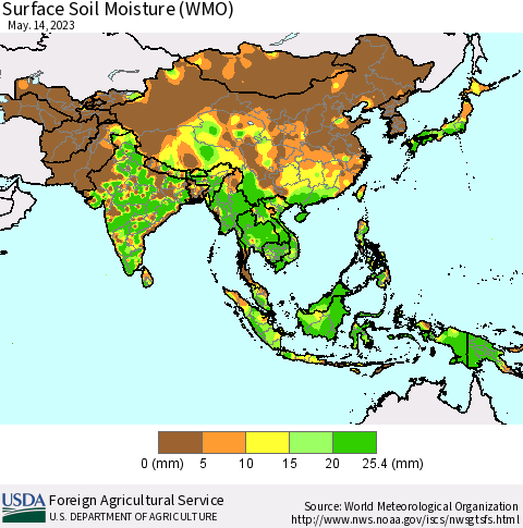 Asia Surface Soil Moisture (WMO) Thematic Map For 5/8/2023 - 5/14/2023