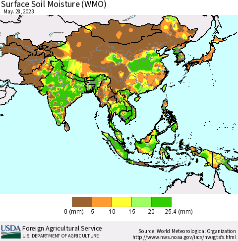 Asia Surface Soil Moisture (WMO) Thematic Map For 5/22/2023 - 5/28/2023