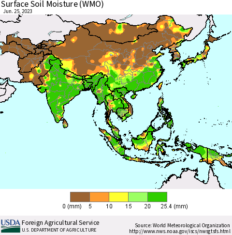 Asia Surface Soil Moisture (WMO) Thematic Map For 6/19/2023 - 6/25/2023