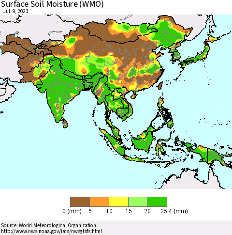 Asia Surface Soil Moisture (WMO) Thematic Map For 7/3/2023 - 7/9/2023