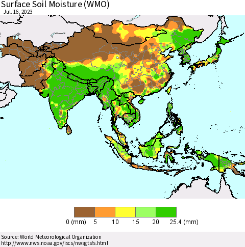 Asia Surface Soil Moisture (WMO) Thematic Map For 7/10/2023 - 7/16/2023