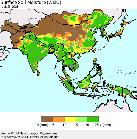 Asia Surface Soil Moisture (WMO) Thematic Map For 7/17/2023 - 7/23/2023