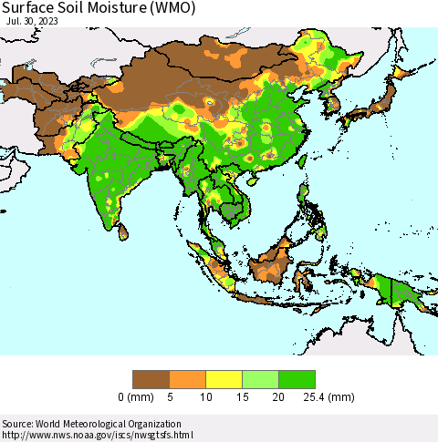 Asia Surface Soil Moisture (WMO) Thematic Map For 7/24/2023 - 7/30/2023
