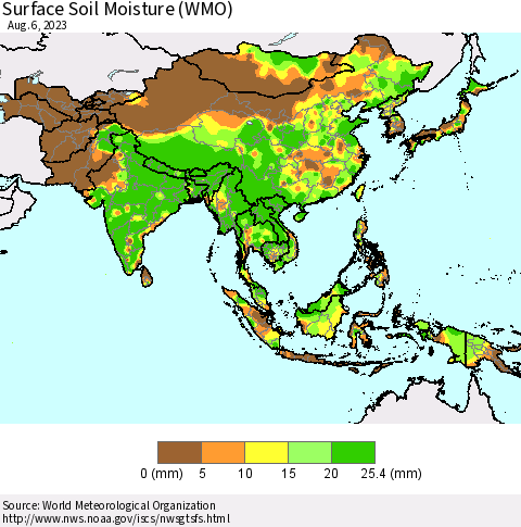 Asia Surface Soil Moisture (WMO) Thematic Map For 7/31/2023 - 8/6/2023