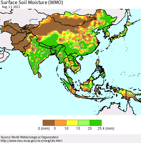 Asia Surface Soil Moisture (WMO) Thematic Map For 8/7/2023 - 8/13/2023