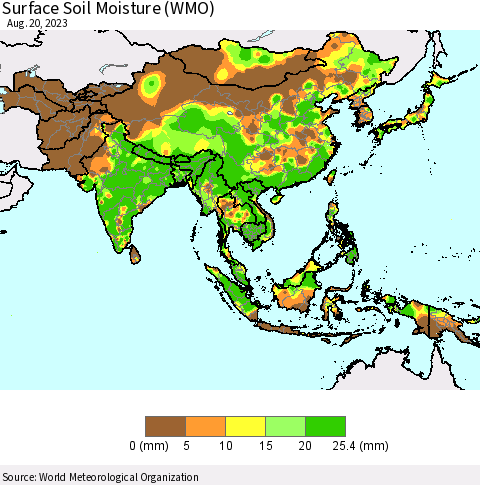 Asia Surface Soil Moisture (WMO) Thematic Map For 8/14/2023 - 8/20/2023