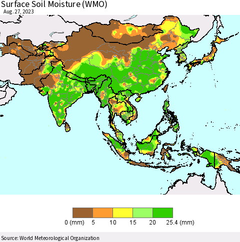 Asia Surface Soil Moisture (WMO) Thematic Map For 8/21/2023 - 8/27/2023