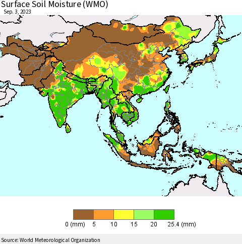 Asia Surface Soil Moisture (WMO) Thematic Map For 8/28/2023 - 9/3/2023