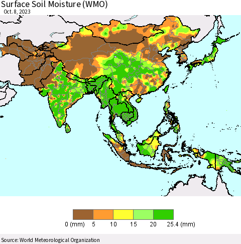 Asia Surface Soil Moisture (WMO) Thematic Map For 10/2/2023 - 10/8/2023