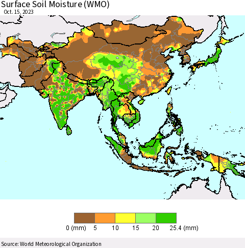 Asia Surface Soil Moisture (WMO) Thematic Map For 10/9/2023 - 10/15/2023