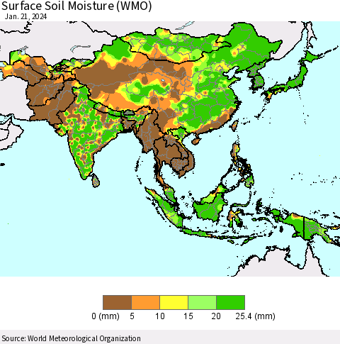 Asia Surface Soil Moisture (WMO) Thematic Map For 1/15/2024 - 1/21/2024
