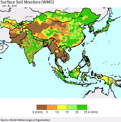 Asia Surface Soil Moisture (WMO) Thematic Map For 1/22/2024 - 1/28/2024