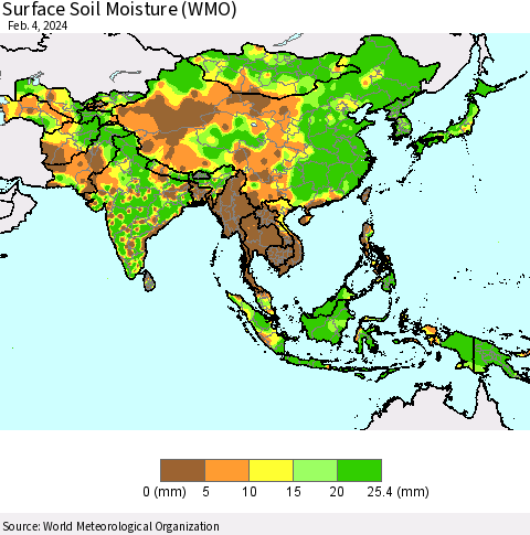 Asia Surface Soil Moisture (WMO) Thematic Map For 1/29/2024 - 2/4/2024