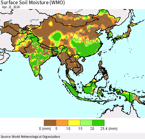 Asia Surface Soil Moisture (WMO) Thematic Map For 4/15/2024 - 4/21/2024